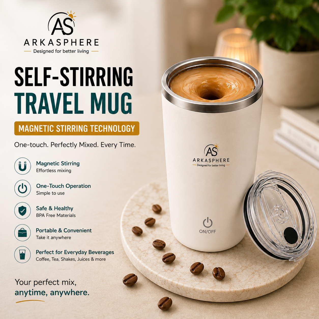 ARKASPHERE - Self Stirring Travel Mug with magnetic stirring technology