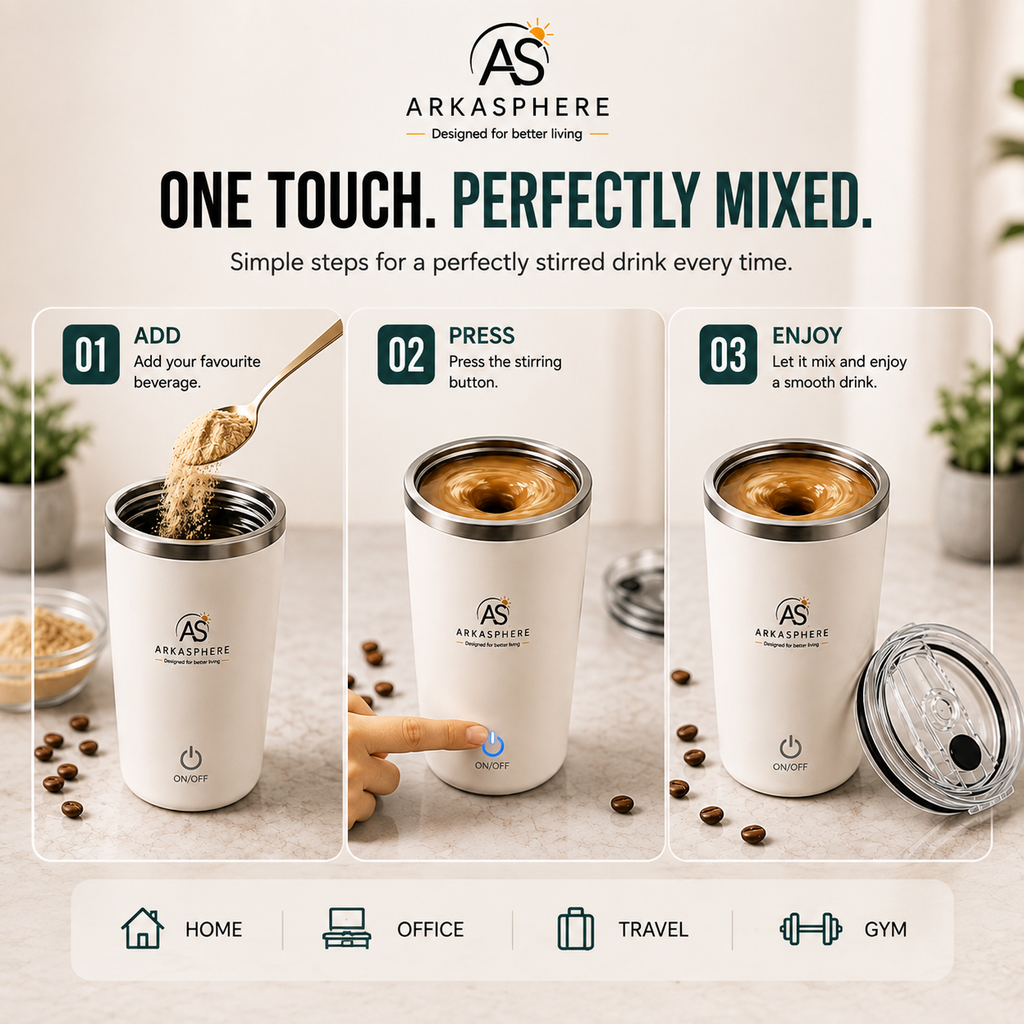 ARKASPHERE - Self Stirring Travel Mug showing one-touch mixing process