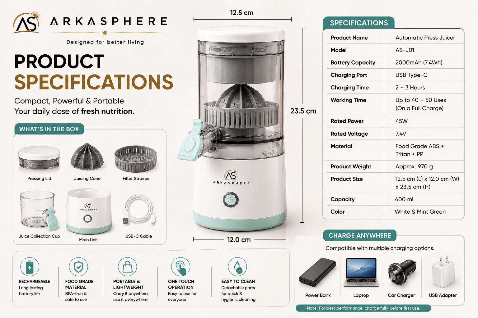 ARKASPHERE™ - Portable Rechargeable Juicer