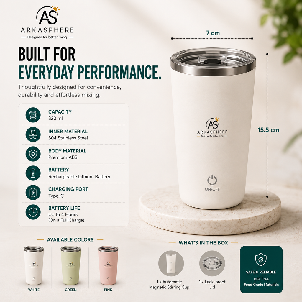 ARKASPHERE - Self Stirring Travel Mug with product specifications