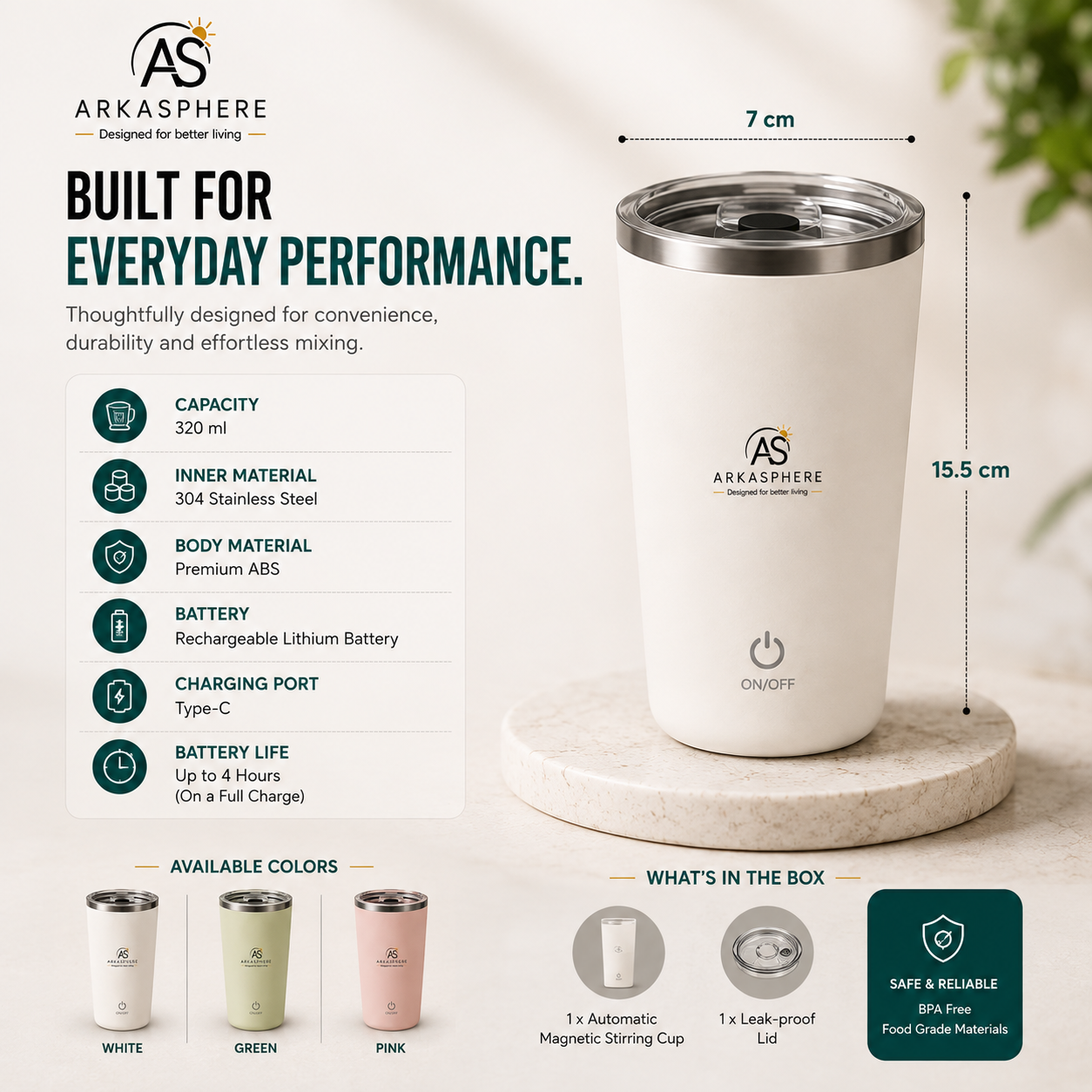 ARKASPHERE - Self Stirring Travel Mug with product specifications