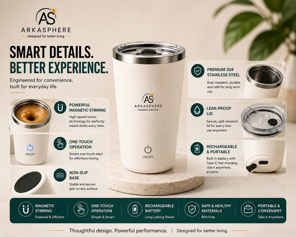 ARKASPHERE - Self Stirring Travel Mug with magnetic stirring and rechargeable power