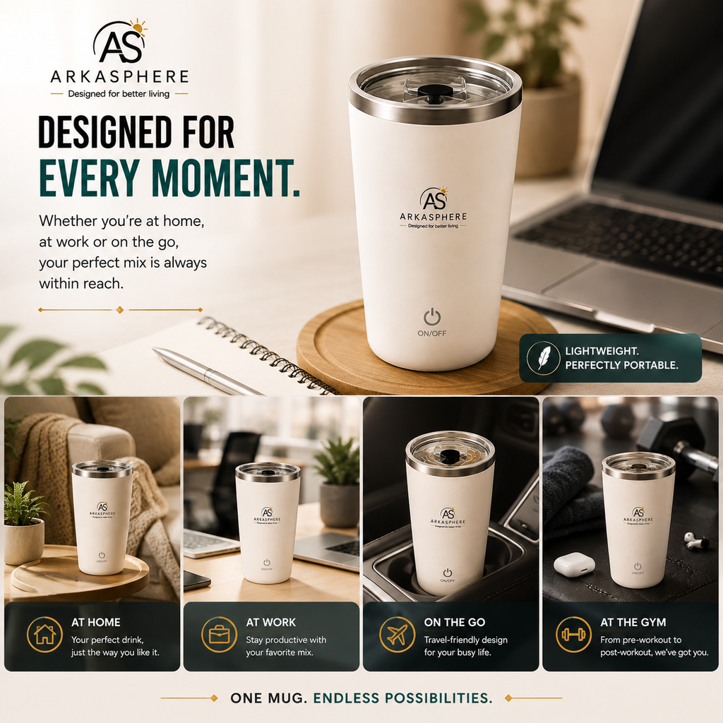 ARKASPHERE - Self Stirring Travel Mug for home, office, travel and gym