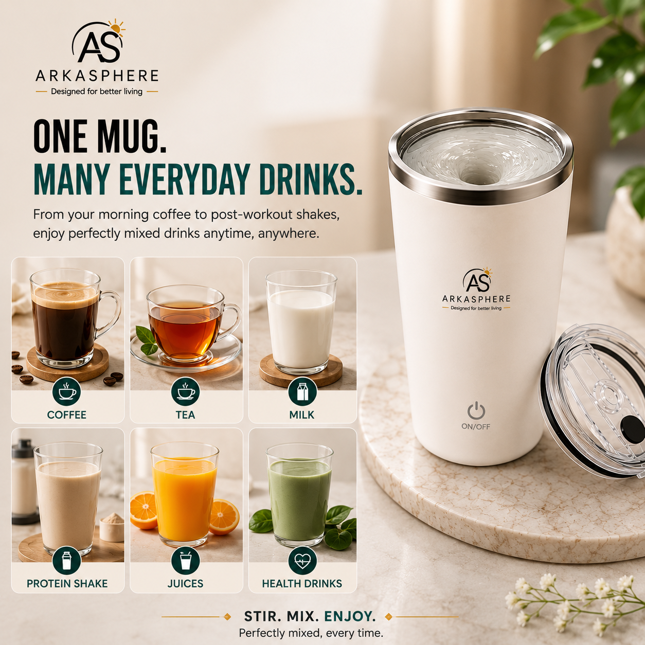 ARKASPHERE - Self Stirring Travel Mug for coffee, tea, milk, protein shakes and juices